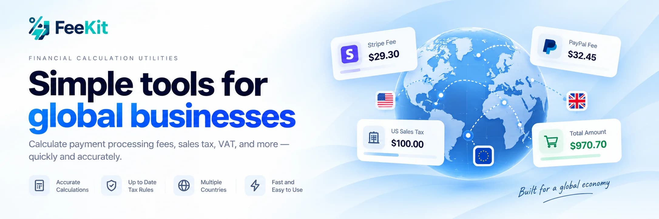 FeeKit — Comprehensive Financial Calculation Utilities: Payment processing fees, 50-state sales tax, HMRC VAT compliance, 1099 contractor rate models, and e-commerce ROAS unit economics